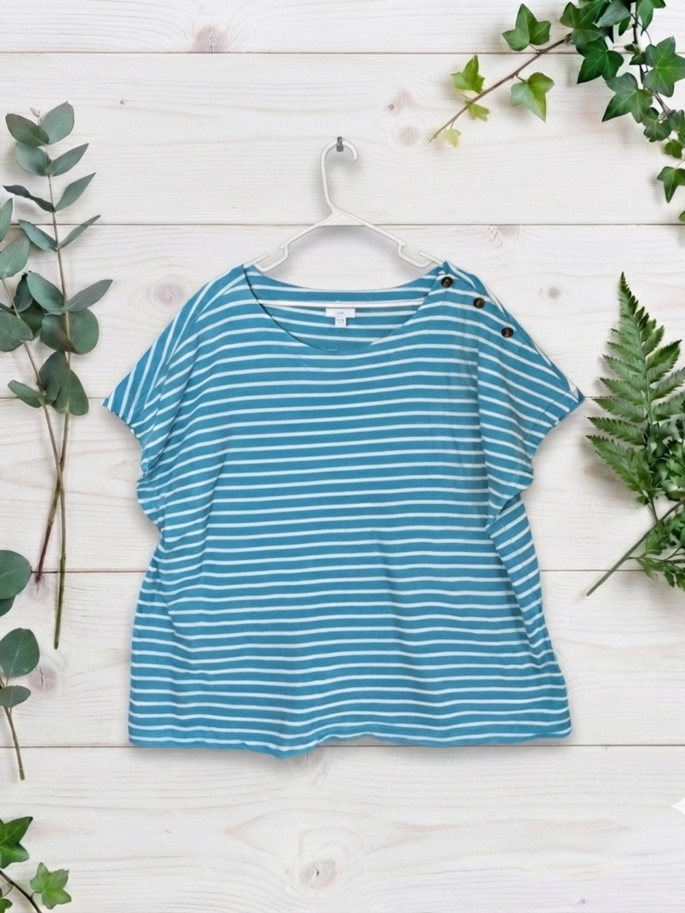 J Jill Striped Top 3X Plus Teal White Short Sleeve 100% Cotton Womens